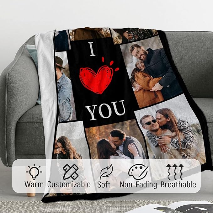 ROMANDY Ships Next Day Custom Blanket with Picture Customized Banket Personalized Throw Blankets Customizable Photo Blankets Customize Gifts for Mom Dad Girlfriend Boyfriend Wife Husband Her Him