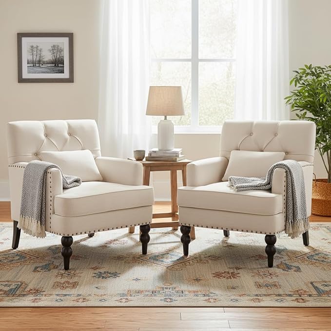 HUIMO Tufted Club Chair,Accent Chair with Lumbar Pillow, Upholstered Button Armchair, Linen Fabric Sofa Chairs for Bedroom, Living Room, Mid Century Modern with Studded Reading Chair Beige