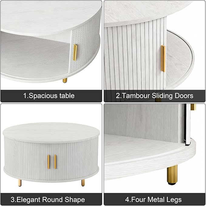DHH Round Coffee Table, 31.5" Mid Century Modern Coffee Table with 360° Sliding Tambour Door, Fluted Accent Coffee Table with Storage Adjustable Footpads for Living Room (White)