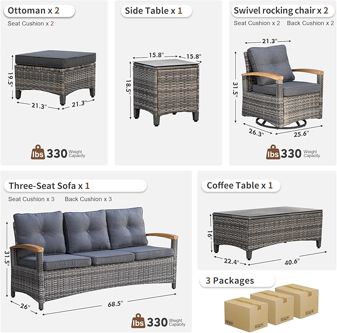 MEISSALIVVE 7 Pieces Patio Furniture Sets,Wicker Patio Conversation Sets with 2 Wood Armrests Swivel Glide Chairs, 2 Ottoman, 3-seat Sofa and Coffee Table (Grey)