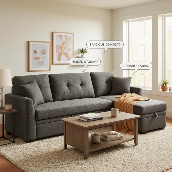 Sectional Sleeper Sofa with Pull Out Bed, L Shape Convertible Linen Couch with Storage Chaise, 2 in 1 Pull Out Sofa Bed with 2 Seats, for Living Room, Apartment, Charcoal Black