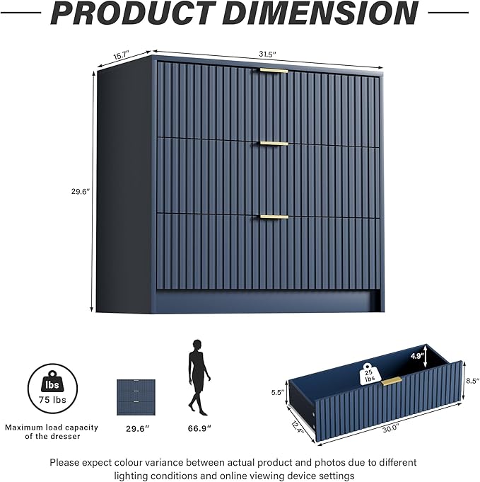Furniway Navy Blue Dresser Bedroom Set 3 Pieces, Nightstands Sets of 2, 5 Drawer Dresser with Gold Handles for Bedroom