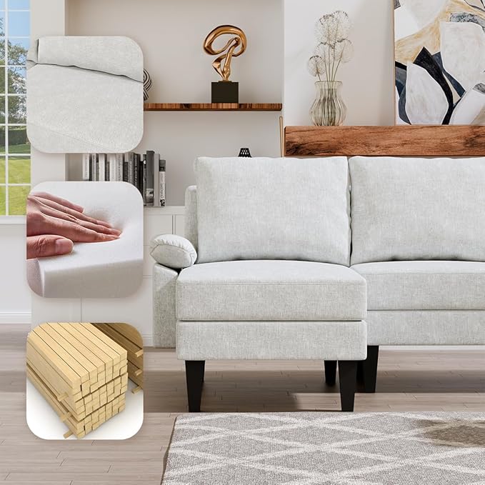 115 Inch Modular Sectional Sofa with Storage Ottoman, Modern L-Shaped Sectional Couch with Chaise, Chenille Couch for Living Room, Apartment or Small Spaces, Off-White