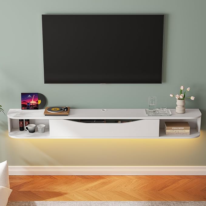 FurniNova 78'' Floating TV Stand, Modern Plywood Wall Mounted Media Console for 78 inch TV,Floating Entertainment Center with Storage,Round Edge TV Shelf for Living Room & Bedroom,White - Image 4