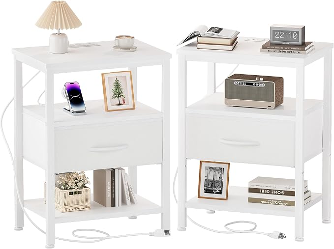 OLIXIS Nightstands Set of 2 with Charging Station, Bedside Tables with USB Ports and Fabric Drawer, Small Night Stand with Open Adjustable Shelf, Compact End Table for Bedroom, White by OLIXIS
