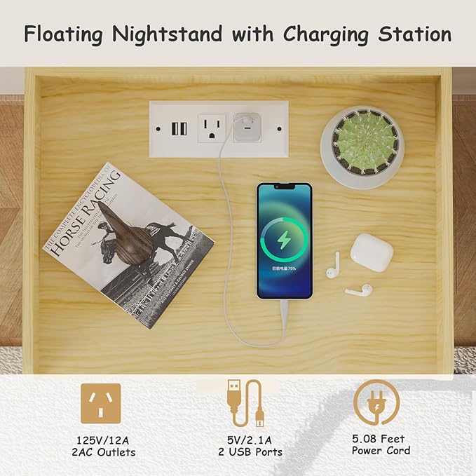 Arbuxzuy Floating Nightstand Set of 2 with Charging Station, Modern Wall Mounted Bedside Table with Drawer & Open Shelf, Made of Minimalist Wood for Bedroom (Light Brown) - Image 3