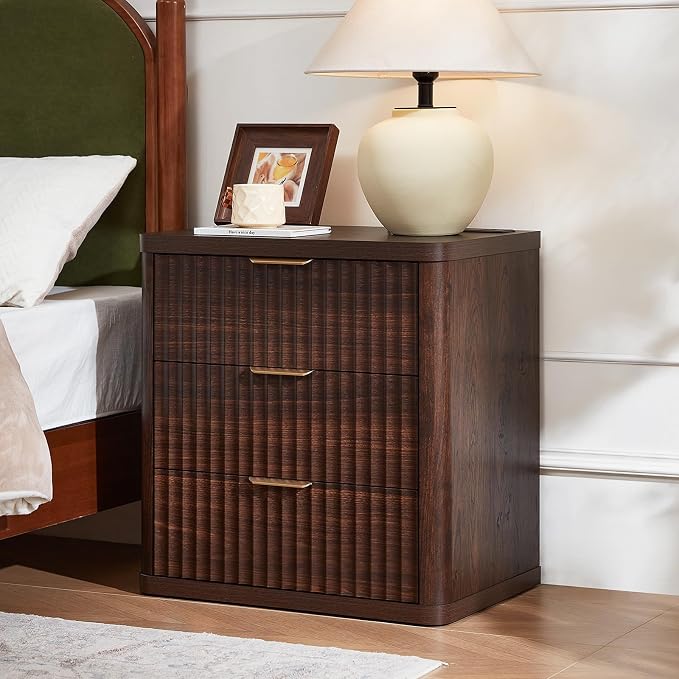 LEYAOYAO Fluted Nightstand with Charging Station, 23" Wide 3 Drawers Night Stand,Walnut End Table with Open Storage,Farmhouse Bed Side Tables, Wood Dresser for Bedroom, Living Room, Closet - Image 2