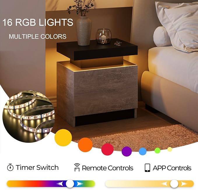 Cubehom Nightstands Set of 2, Bedside Tables with LED Lights, Night Stands with 2 Wood Drawers, End Tables Set of 2 for Living Room/Bedroom - Image 6