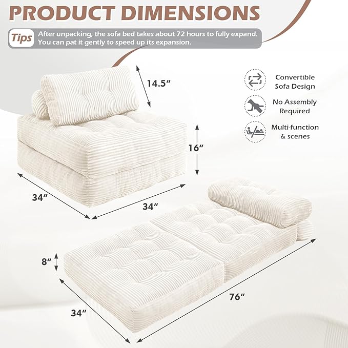 Folding Sofa Bed, Convertible Sleeper Chair with Pillow & Handle, Foldable Mattress Futon Chair Bed Lounge with Back Support, Comfy Floor Sofa for Living Room Bedroom, Beige, Single