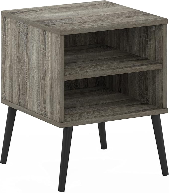 Furinno Claude Side Table, 2-Tier Square Mid-Century End Table with Wooden Legs, Open Shelf Night Stand, Bedside Table, for Living Room, Bedroom, French Oak Grey