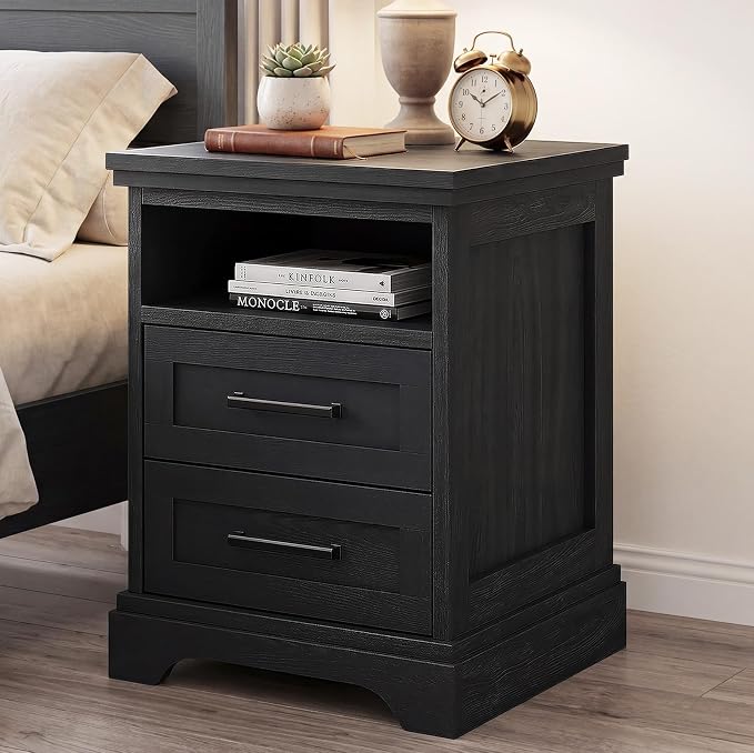 DUMOS Nightstand with Charging Station, Wood Farmhouse Bedside Table with 2 Drawers and Open Shelf, Wood End Table, Modern Side Table for Bedroom, Black by DumosLifestyle