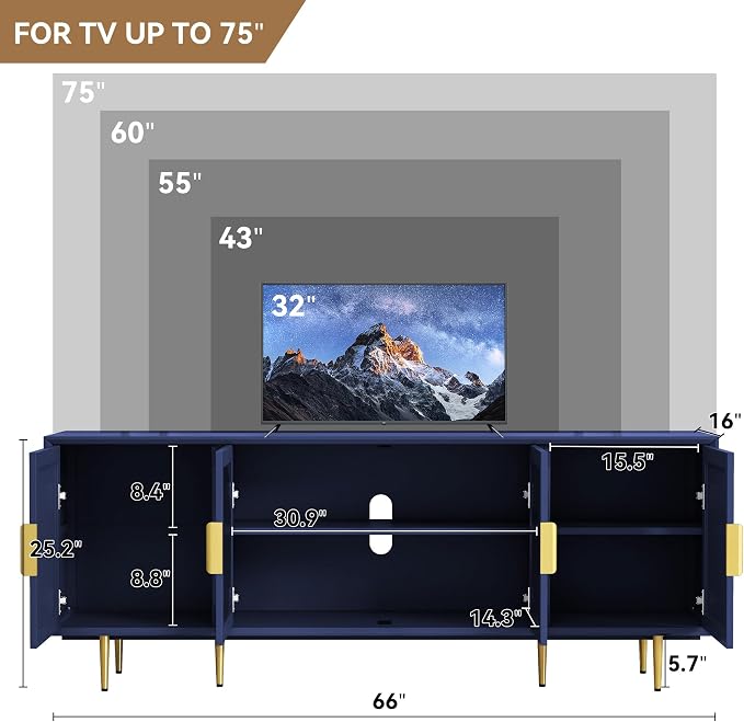 ARTPOWER TV Stand with Storage, 66" Modern TV Entertainment Center for TVs up to 75 Inch, Under TV Cabinet with Glass Door, TV Console Media Center for Living Room, Bedroom, Blue - Image 2