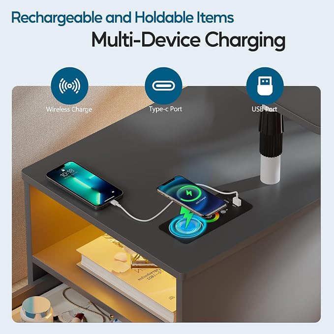 WOOVIVS Nightstand with USB Charging Station, Bedside Table with Storage Drawer, Rotatable Bracket, Modern Design (Grey) - Image 8