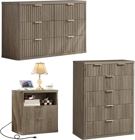 LEYAOYAO Fluted Dressers & Nightstand Set of 3, Wood 48" Wide Dresser & 42" Tall Chest of Drawers,Modern Bedroom Furniture Sets, Grey Wooden Nightstand with 2 Drawers & Charging Station