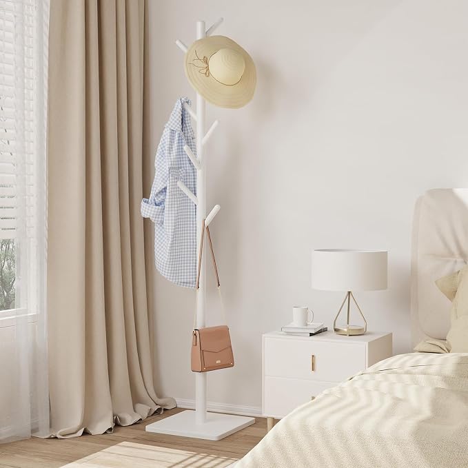 Coat Rack Freestanding with Stable Square Base for Cloathes, Hat, Used in Bedroom, Office and Entryway, Sturdy and Easy Assembly Coat Tree with 3 Adjustable Sizes and 8 Hooks, White - Image 4