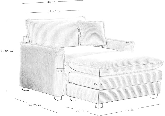 KEIKI 46" Oversized Corduroy Modular Sectional Single Sofa with 1 Ottoman, High-Density Foam Cushions, Removable Armrest, Upholstered 1-Seater Lounge Accent Chair with 1 Pillow, for Living Room, Beige
