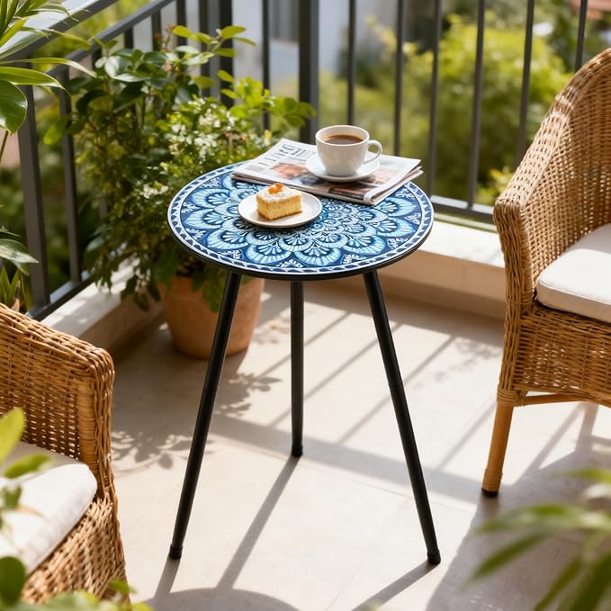 2 Packs Metal Mosaic Round Side Tables 13.4" Small Outdoor Patio Round Accent Coffee Tables Indoor Corner Stand for Small Spaces Weather-Resistant for Balcony, Porch Plant Stands Indoor, Blue Mosaic - Image 7