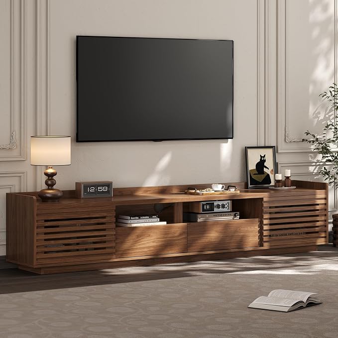ONBRILL 78.7" TV Stand for TVs Up to 85", Mid-Century Modern Entertainment Center with Sliding Doors and Adjustable Shelves, Media Console TV Cabinet with Drawers for Living Room (Walnut) by ONBRILL