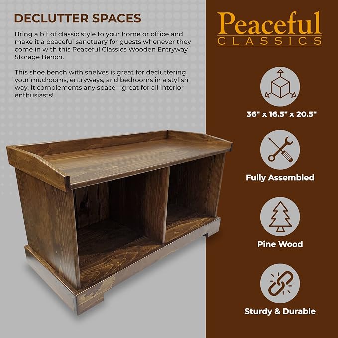 Peaceful Classics Wooden Entryway Storage Bench Amish Furniture | Wooden Shoe Cubby Storage Bench, Entryway Bench with Storage for Entry, Mudroom, or Hallway, 36"W x 16.5"D x 20.5"H (Special Walnut) - Image 4