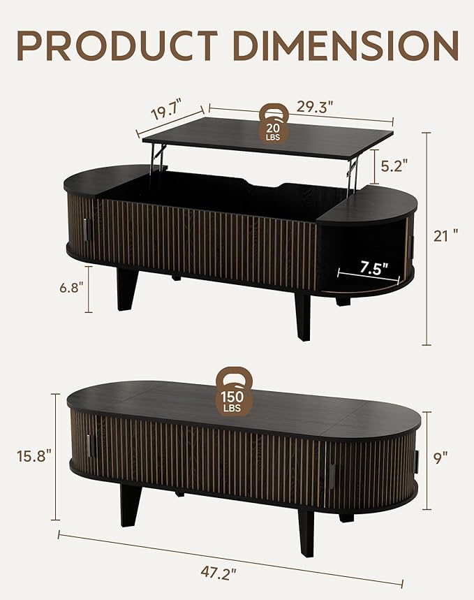 47.2" Oval Lift Top Coffee Table with Storage, Wood Fluted Coffee Table with 180° Sliding Tambour Door, Mid Century Modern Center Table for Living Room, Office, Black