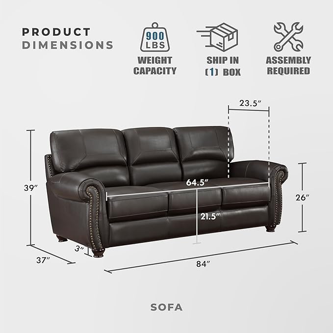 Lexicon Leather Match Couch for Living Room with Wood Frame, Rolled Armrest & Nailhead Trim, Top Grain Leather Match Sofa for Bedroom, Office, Waiting Room, 3-Seater Sofa, Dark Brown