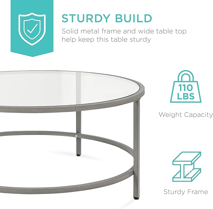 Best Choice Products 36in Modern Round Tempered Glass Accent Side Coffee Table for Living Room, Dining Room, Tea, Home Décor w/Metal Frame, Non-Marring Foot Caps - Gray