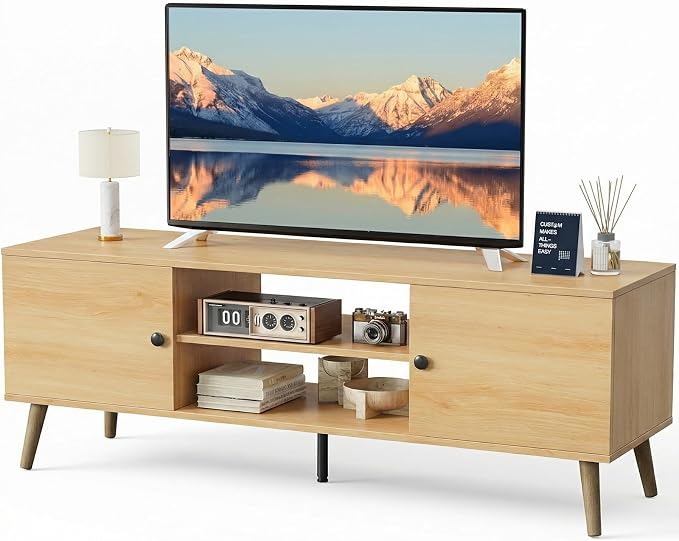 Sweetcrispy TV Stand for 55 60 inch TV, Modern Mid Century Entertainment Center with Storage, Media Console Table 2 Cabinet, Soft Hinge, Handle Door, Wooden Living Room, Office Furniture, Oak by Sweetcrispy