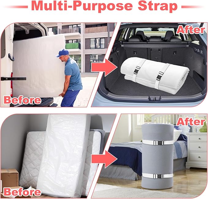 4 Pcs Mattress Topper Straps,63" L x 1.5" W,Adjustable Foam Mattresses Packing Straps with Sturdy Locked Buckles for Moving House Gel Mattress Topper,Storing Bedding Supplies,White