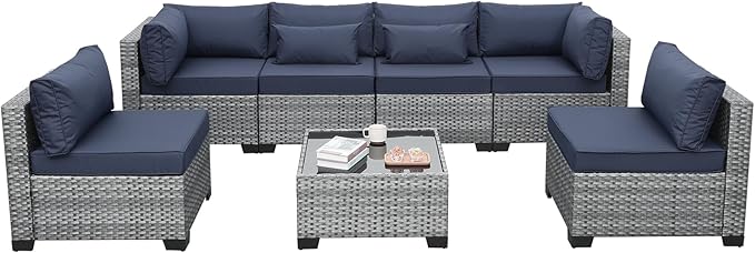 Valita 7 Pieces Outdoor Wicker Furniture Conversation Set Patio Sectional Sofa Set Glass Table with Non-Slip Cushions Furniture Cover, Dark Blue