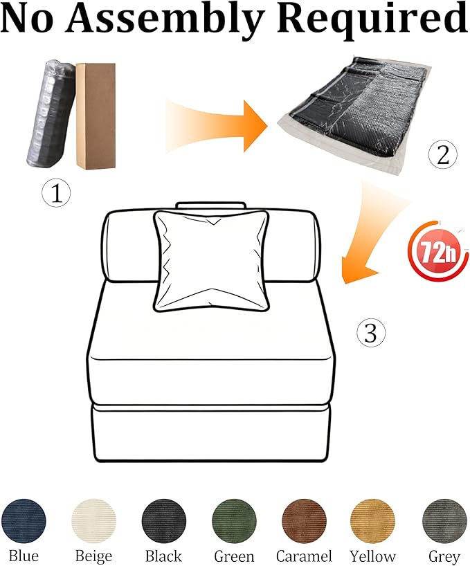 31.5'' Convertible Compressed Corduroy Folding Cloud Sofa Bed Set of 2, 2 Pieces Modern Boneless Pull Out Sleeper Sofa Couch, 3 in 1 Portable Lazy Floor Lounge Chair Set, No Assembly Needed, Yellow