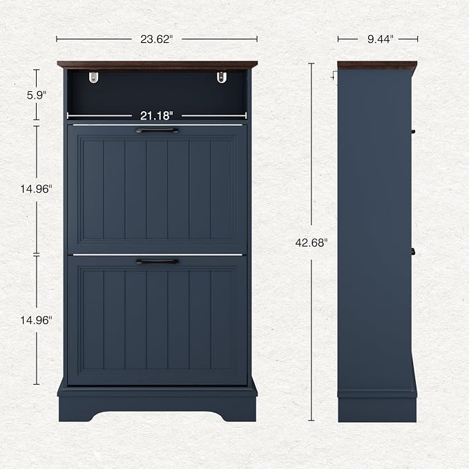 Shoe Storage Cabinet with 2 Flip Drawers, 24" W Farmhouse Modern Hidden Shoes Rack with Adjustable Shelves & Open Storage, Narrow Slim Shoe Organizer for Front Door Entrance, Entryway, Navy Blue - Image 2