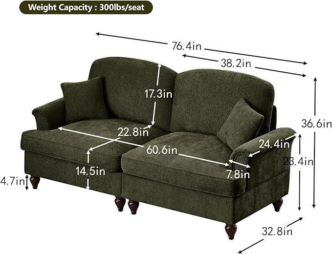 Oversized Large Two Seater Sofa, Comfy Chenille Love Seat Couch with Removable Ruffles Pleats & Large Petal-Shaped Armrests, Elegant Mid Century Convertible Sofa with Spindle Legs, Green