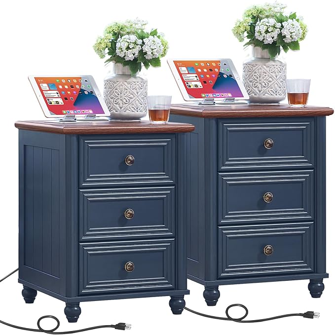 RWYHG 18" Farmhouse Nightstand Set 2 with Charging Station and USB Port, Blue Night Stand with 3 Drawers, Wood Bedside End Table with Storage, Bed Side Tables for Bedroom Living Room and Closet by RWYHG