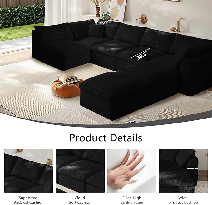 Modular Sectional Sofa Boneless Cloud Couch for Living Room, U Shape Deep Seat Recliner Sofa with Ottoman, Adjustable Backrest & 2 Throw Pillows - Covers Washable, (Black, 5 Seater+2 Ottoman)