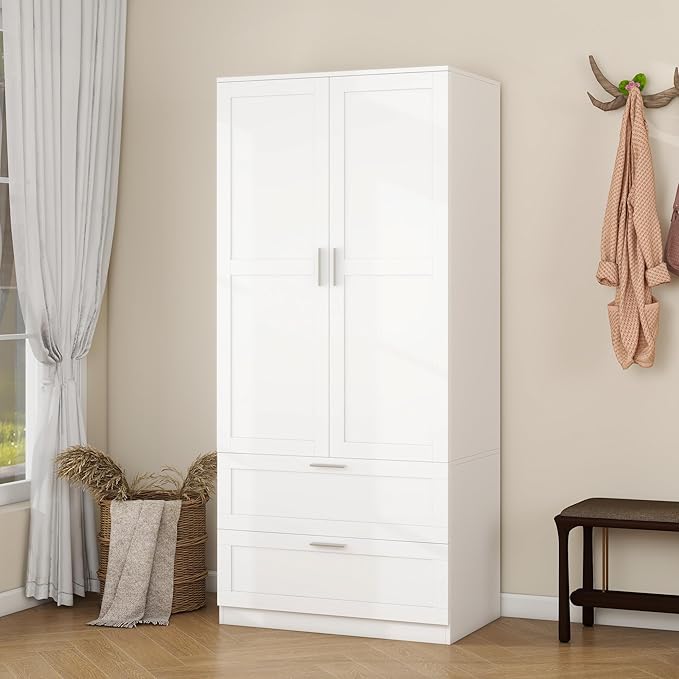Panana Modern 2 Doors 2 Drawers Bedroom Armoires Wardrobe Clothes Storage Closet with Hanging Rod, Wooden Bedroom Freestanding Wardrobe, 31.5" W x 19.7" D x 70" H (White)
