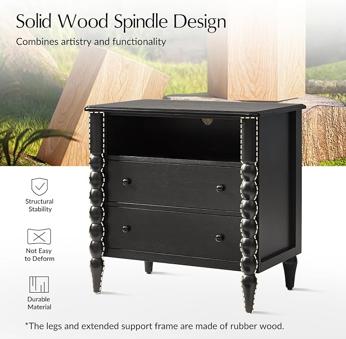 HULALA HOME Farmhouse Storage End Table with Spindle Columns, 2 Drawers and Open Shelf Side Table, Solid Wood Fluted Side Table with Charging Station, Black - Image 3