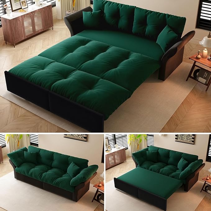 74.8" Queen Size Pull Out Sofa Bed, 3-in-1 Convertible Sleeper with 2 Pillows, Tufted Velvet Loveseat for Living Room, Apartment, Bedroom Small Spaces, Green | 3-in-1 Convertible, Pull Out Sofa Bed, Velvet Sofa Bed