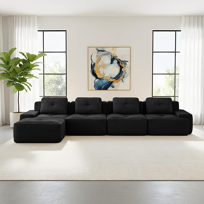Casaphoria 150'' Corduroy Cloud Couch, 4-Seat L-Shaped Sectional Sofa with 4 Pillows & Ottoman for Living Room, Deep Seat Boneless Couch for Modern Apartment, No Assembly Required, Black