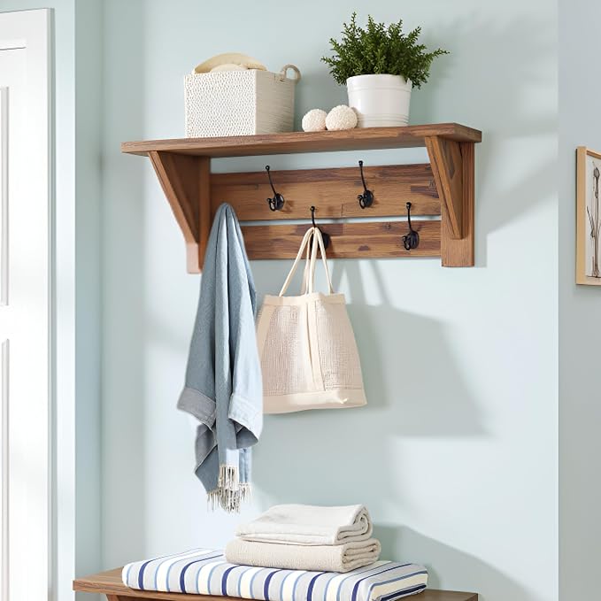 Alaterre Furniture Bethel Wall-Mounted Coat Rack with Shelf – Rustic Farmhouse 40-Inch Solid Wood Entryway Organizer with 5 Black Metal Double Hooks & Upper Storage Shelf (Natural Aged Brown) - Image 6