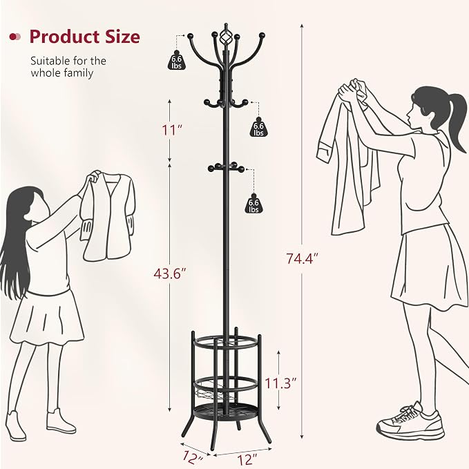 Tajsoon Coat Rack Stand with Umbrella Holder, Coat Tree Freestanding with 16 Hooks, Coat Hangers Stand for Living Room, Bedroom, Office, Black - Image 2