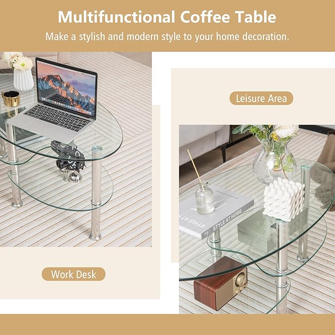 Giantex Oval Glass Coffee Table - 3-Tier Transparent Tempered Glass Table W/Sturdy Chrome Plated Legs, Small Sofa Side Table, End Table for Living Room, Bedroom, Office, 35"× 20" ×18" (Clear)