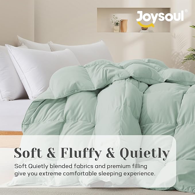 Joysoul Feather Down Fiber Comforter Queen Size - All Season Ultra Soft Goose Down & Feather Fiber Fill Duvet Insert, Luxury Hotel Dark Gray with 8 Corner Tabs (Light Green, California King)
