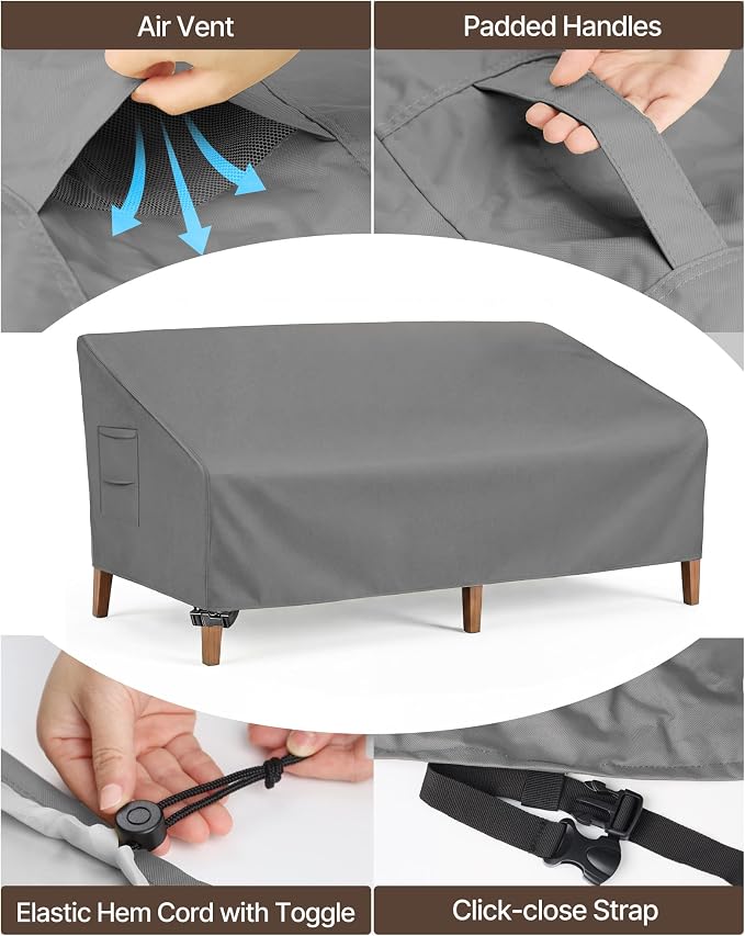 Vailge Heavy Duty Patio Sofa Cover, 100% Waterproof 3-Seater Outdoor Sofa Cover,Lawn Patio Furniture Covers with Air Vent and Handle,60" Wx 35" Dx 35" H,Grey - Image 4