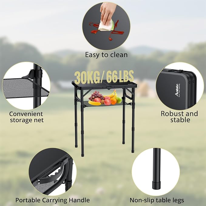 Anbte Folding Camping Table with Storage Net, Pure Black Aluminum 2ft Picnic Table 23.2" x 16" Outdoor Table Adjustable Height Max 27.5", Lightweight, Waterproof, Portable Handle for Travel Cooking - Image 4
