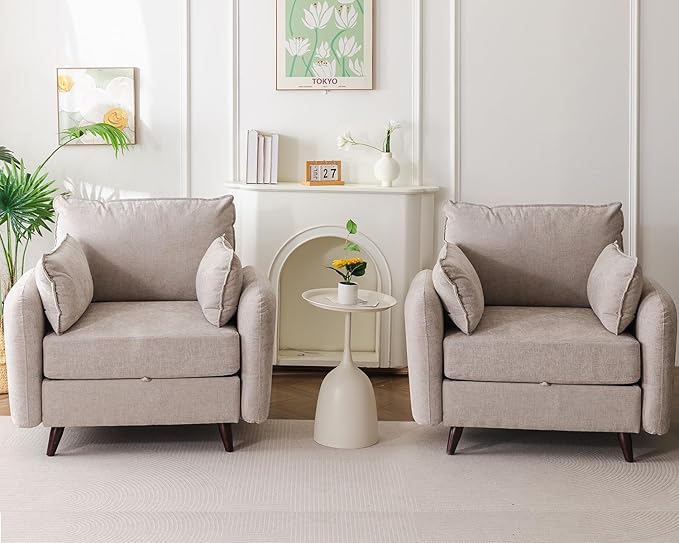 Rexulqo Oversized Accent Chair Set of 2,All Seats Storage,Comfy Armchair,24.5'' Deep Seat,Upholstered Living Room Chairs,Reading Chair for Bedroom,Office,Chenille,Khaki
