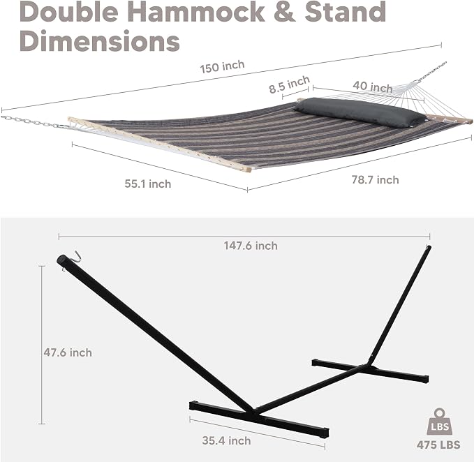 SUNCREAT Hammock with Stand 2 Person Heavy Duty, Freestanding Hammock with Spreader Bar, Soft Pillow, Gray Stripes - Image 6