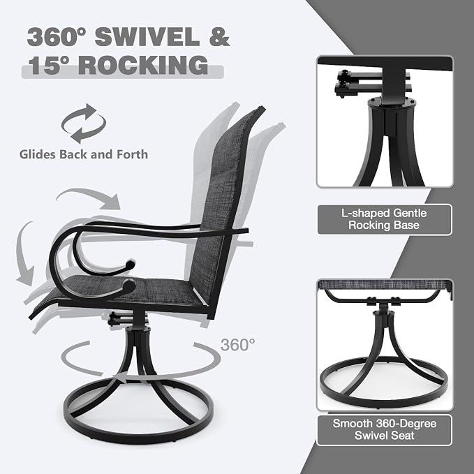 MELLCOM Patio Swivel Chair Set of 8, High Back Padded Textilene Outdoor Dining Chairs with E-Coating Metal Frame, All-Weather Outdoor Furniture Rocker for Backyard, Porch, Garden, Lawn, Grey - Image 4