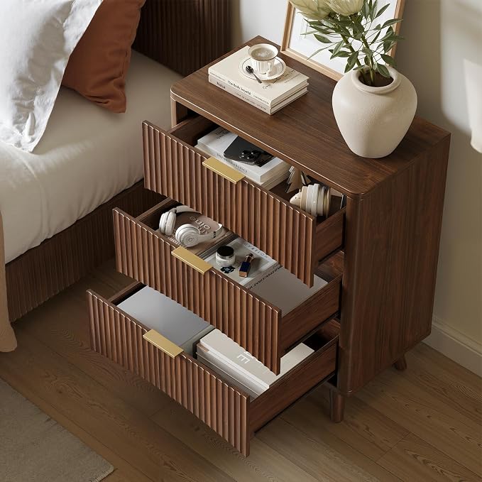 Evermagin 29'' Tall Fluted Nightstand, Walnut Night Stand with 3 Drawers, Wooden Bedside Table, Mid Century Modern Side Table for Bedroom - Image 6