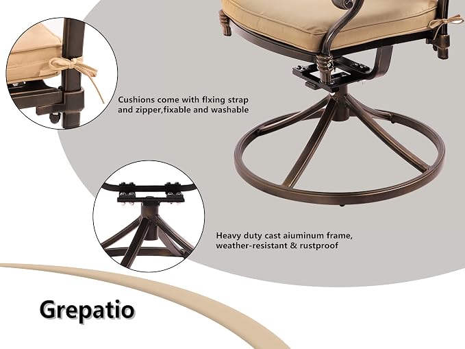 Grepatio 5 Piece Outdoor Dining Set Cast Aluminum Patio Dining Set Table and Chairs Outside Furniture 4 Swivel Chairs with Cushion and 1 Umbrella Hole Round Dining Table for Lawn Garden Patio (Khaki) - Image 5