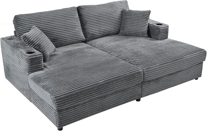 86.5" Oversized Double Chaise Lounge Indoor Corduroy Upholstered Sofa Bed , Deep Seat Lounger Loveseat Recliner Daybed with Dual USB Ports , Two Cup Holders and Throw Pillows for Living Room Bedroom